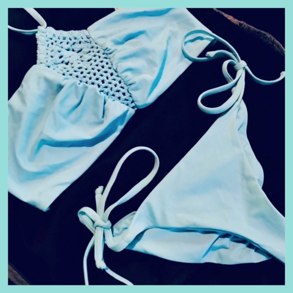 Frankies Bikinis Skimpy Ruched Crochet Two Piece Halter Brazilian Blue Harlow - Picture 1 of 10